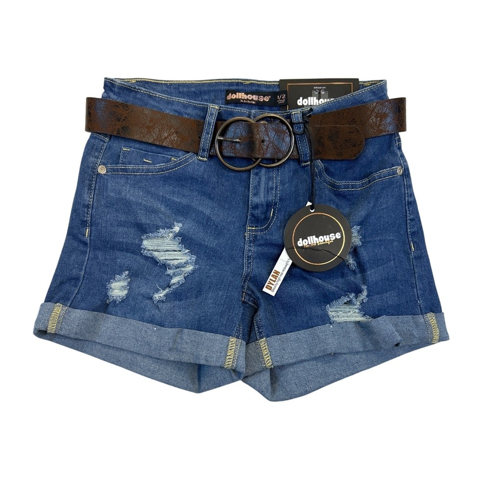 Dollhouse Shorts Women Sz 1/2 Blue Denim Boyfriend Belt Distressed Relaxed NWT